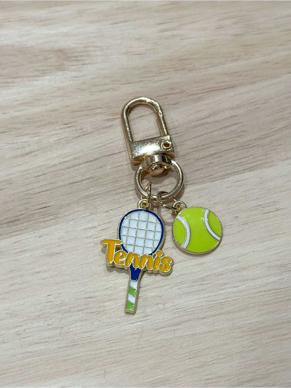 Tennis Racket & Ball Gold Tone Enamel Keychain Bag Charm